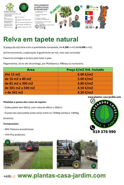 Relva em tapete natural / preço m2